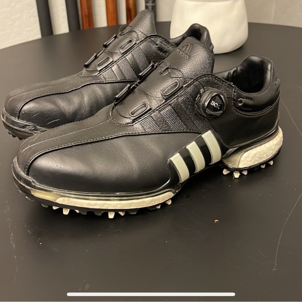 Adidas Men's Black and White Athletic Golf Shoes - Picture 3 of 10